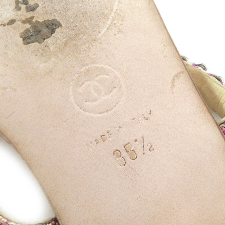 美品△CHANEL シャネル ココマーク金具 ドット柄 チェーン使い フラット サンダル ミュール ピンク系 35.5 イタリア製 レディース