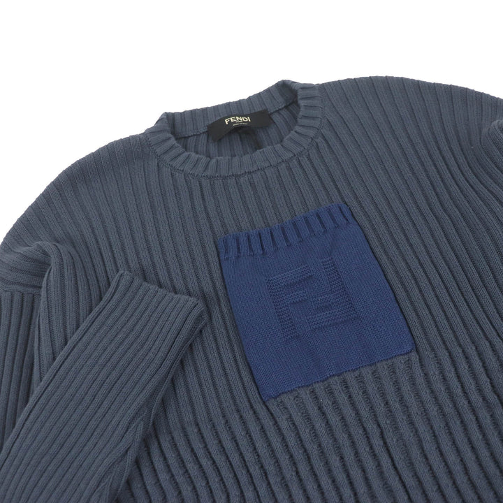 未使用品□FENDI フェンディ 2021年製 FZX036 カシミヤ混 FFロゴ ポケット リブニット セーター ブルーグレー 50 イタリア製 正規品