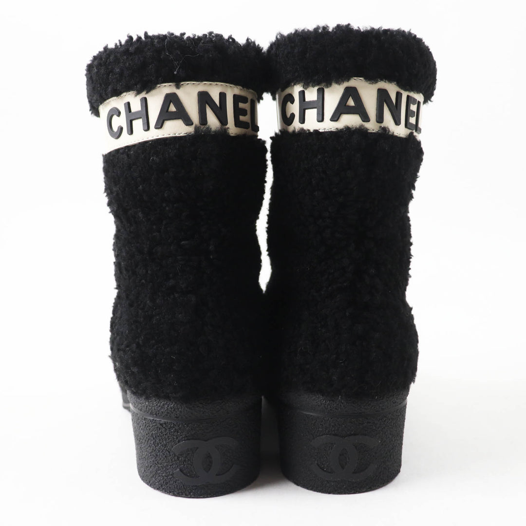 極美品◎CHANEL シャネル G34080 ココマーク・ロゴ レザー使い ムートンブーツ／ショートブーツ ブラック ホワイト 35 伊製 レディース