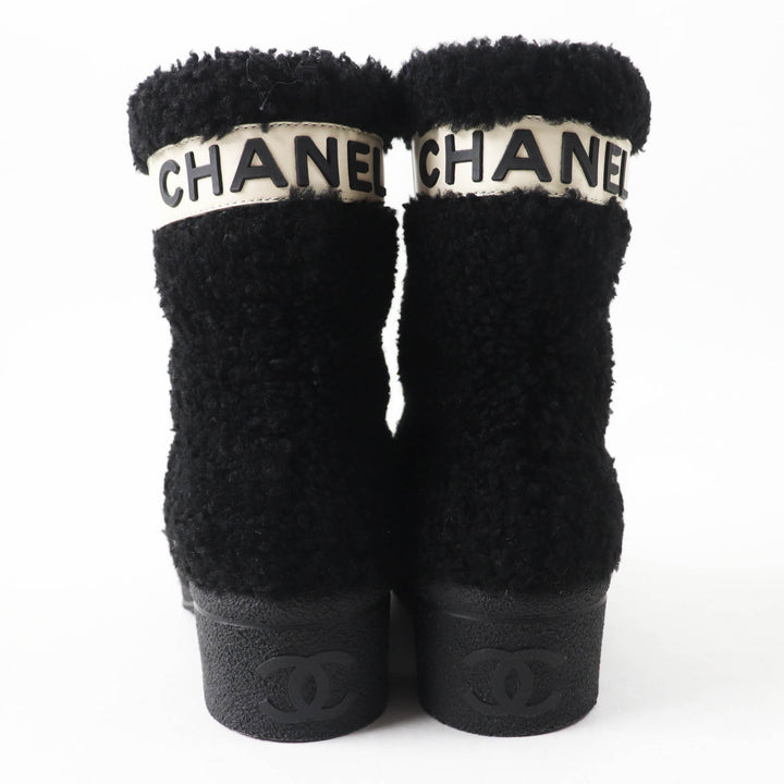極美品◎CHANEL シャネル G34080 ココマーク・ロゴ レザー使い ムートンブーツ／ショートブーツ ブラック ホワイト 35 伊製 レディース