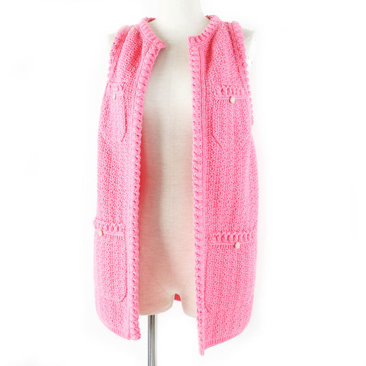 極美品◎CHANEL シャネル 22S P72795 ココマークボタン付き フロントオープン ロング丈 ジレ／ベスト ピンク 34 伊製 正規品 レディース