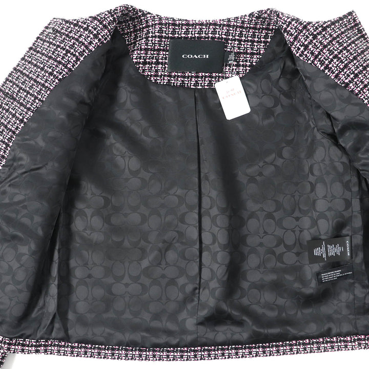 未使用品△COACH コーチ CO841 裏地シグネチャー柄 ロゴボタン ノーカラー ツイード ジャケット ブラック ピンク ホワイト XS 正規品