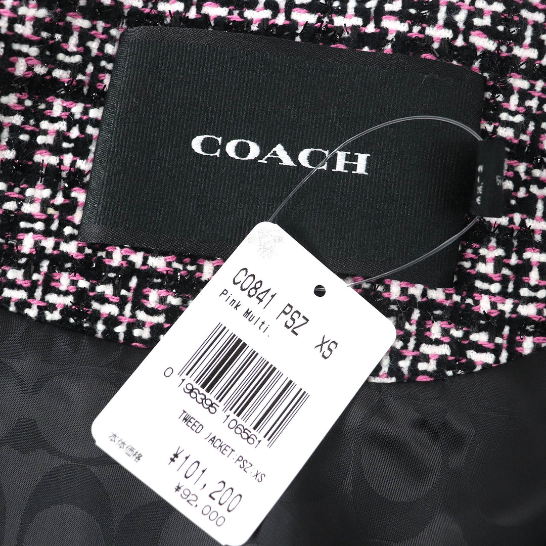 未使用品△COACH コーチ CO841 裏地シグネチャー柄 ロゴボタン ノーカラー ツイード ジャケット ブラック ピンク ホワイト XS 正規品