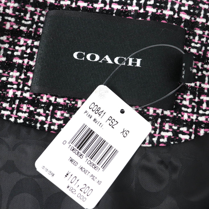 未使用品△COACH コーチ CO841 裏地シグネチャー柄 ロゴボタン ノーカラー ツイード ジャケット ブラック ピンク ホワイト XS 正規品