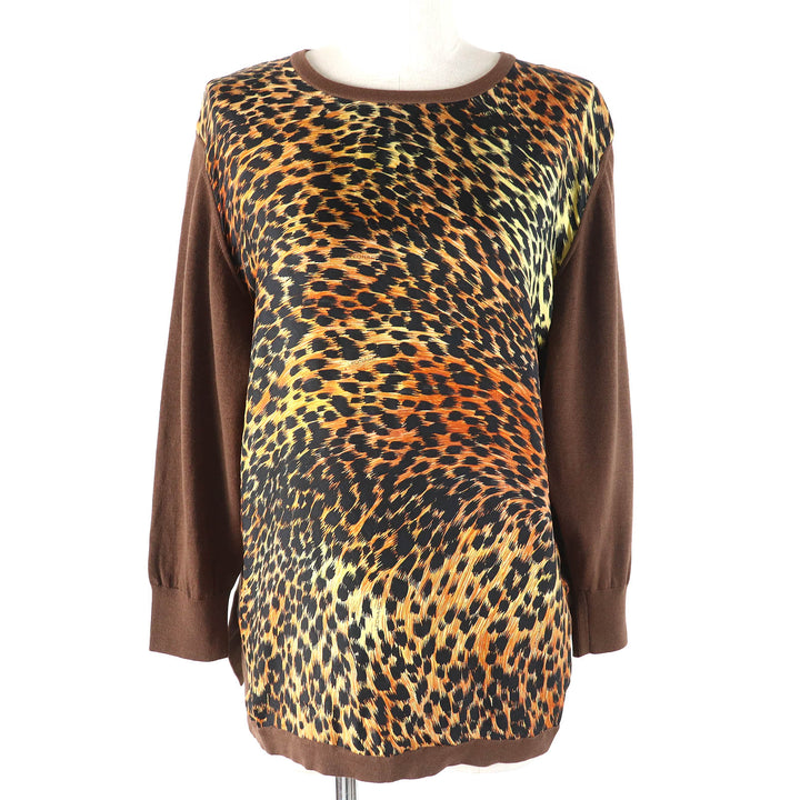 美品△LEONARD FASHION レオナール ファッション レオパード柄 シルク切替 ウール ニット プルオーバー 長袖 トップス ブラウン系 M