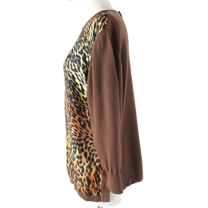 美品△LEONARD FASHION レオナール ファッション レオパード柄 シルク切替 ウール ニット プルオーバー 長袖 トップス ブラウン系 M