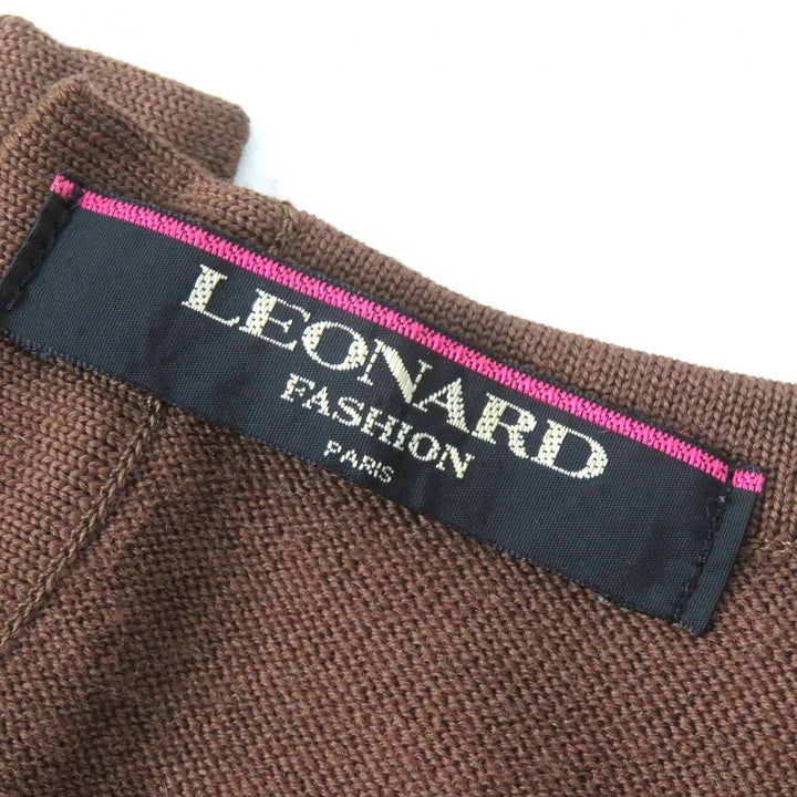 美品△LEONARD FASHION レオナール ファッション レオパード柄 シルク切替 ウール ニット プルオーバー 長袖 トップス ブラウン系 M