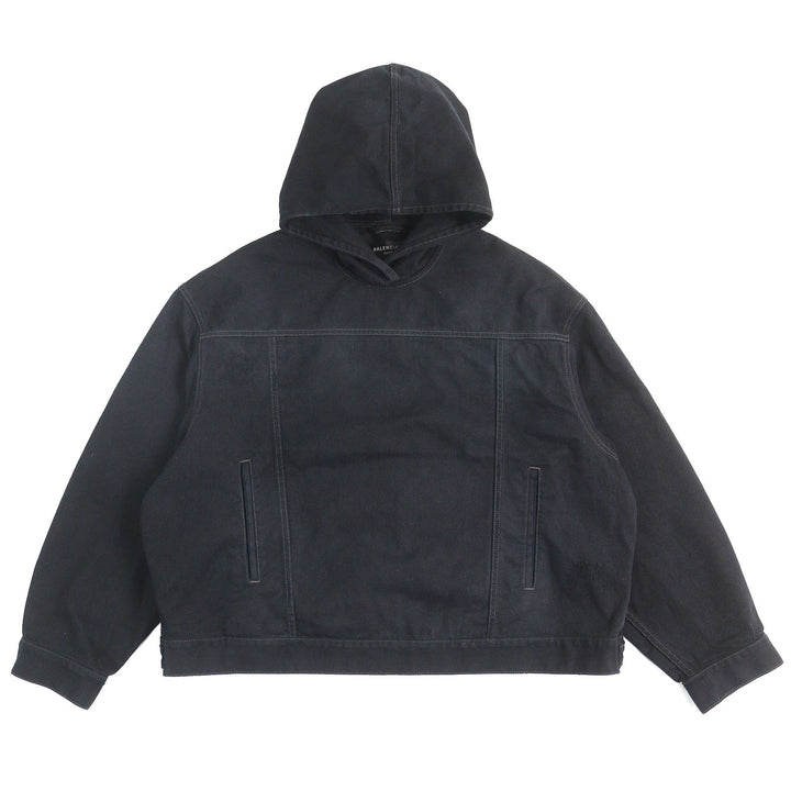 美品△BALENCIAGA バレンシアガ 22AW 719313 TNW54 DENIM FOODIE PULL-OVER PARKER ダメージ加工 デニムプルオーバーパーカー 1 正規品