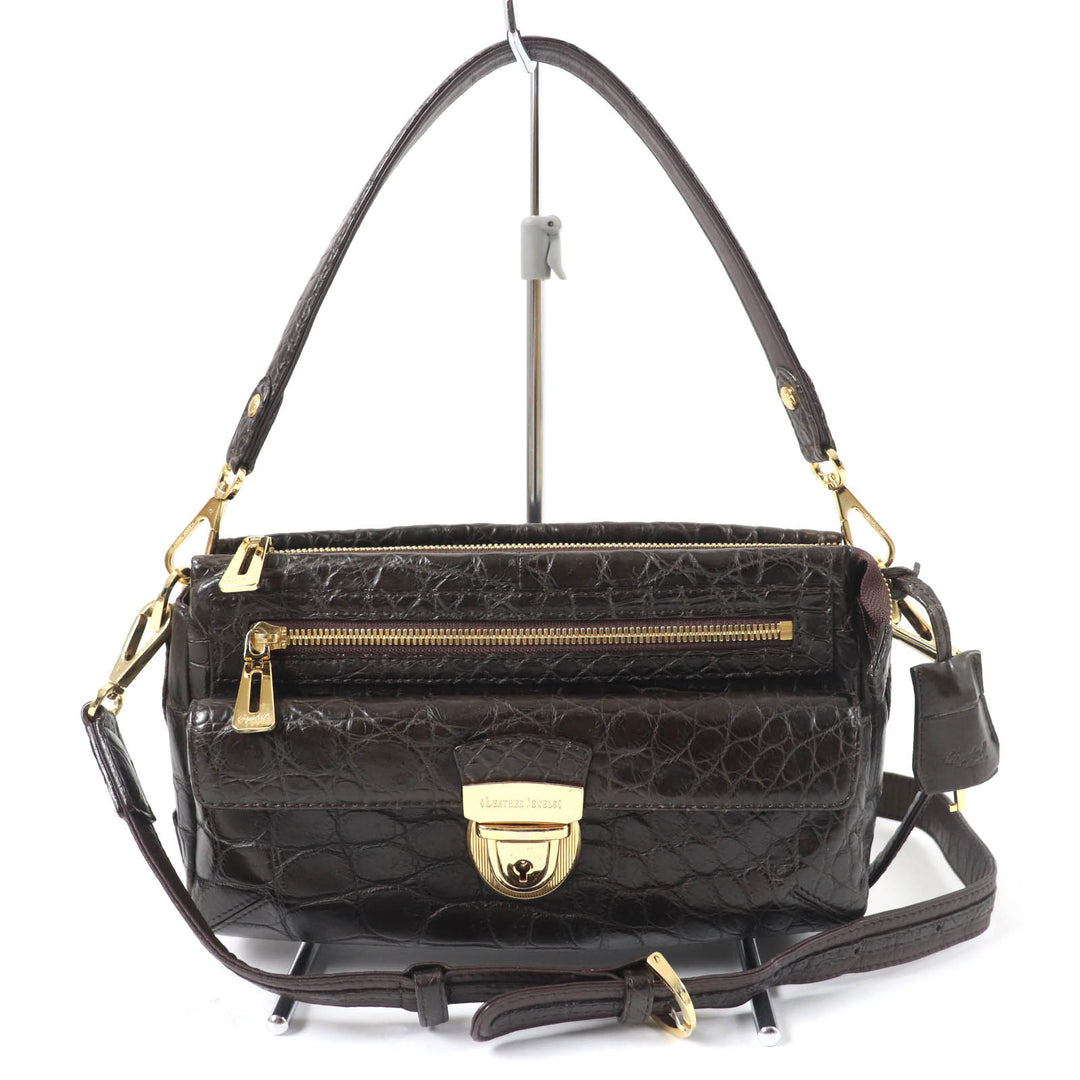 美品☆LEATHER JEWELS レザージュエルズ JRAタグ付 クリスタル クロコダイルレザー 2WAY ハンド ショルダーバッグ ダークブラウン