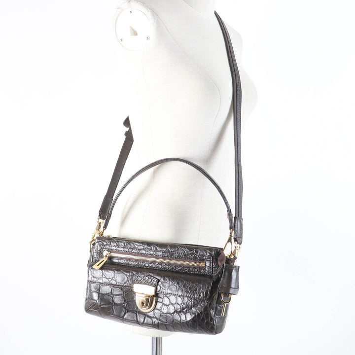 美品☆LEATHER JEWELS レザージュエルズ JRAタグ付 クリスタル クロコダイルレザー 2WAY ハンド ショルダーバッグ ダークブラウン