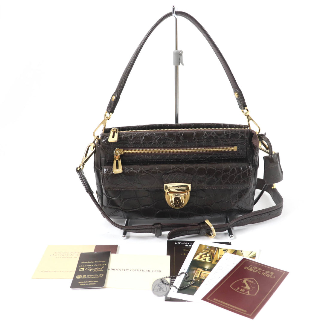 美品☆LEATHER JEWELS レザージュエルズ JRAタグ付 クリスタル クロコダイルレザー 2WAY ハンド ショルダーバッグ ダークブラウン