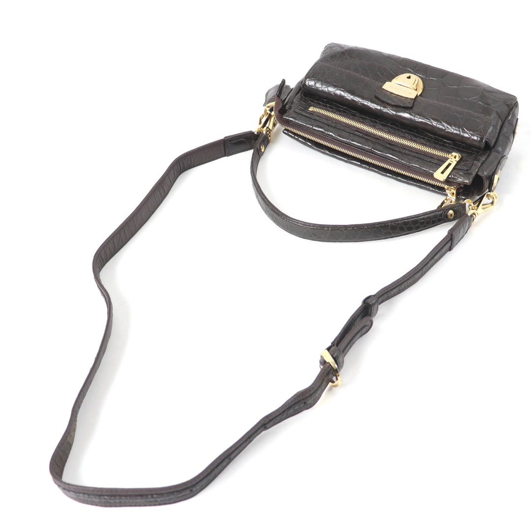 美品☆LEATHER JEWELS レザージュエルズ JRAタグ付 クリスタル クロコダイルレザー 2WAY ハンド ショルダーバッグ ダークブラウン