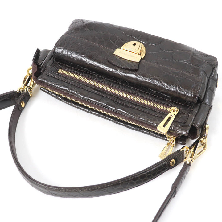 美品☆LEATHER JEWELS レザージュエルズ JRAタグ付 クリスタル クロコダイルレザー 2WAY ハンド ショルダーバッグ ダークブラウン