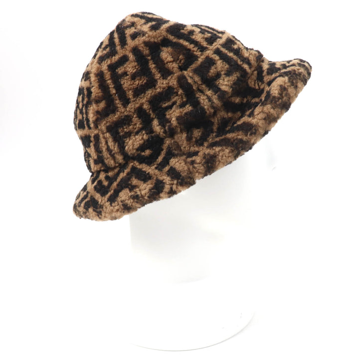 美品☆FENDI フェンディ FXQ632 裏地シルク100％ FFロゴ ズッカ柄 ムートンハット ブラウン ブラック M イタリア製 正規品 レディース