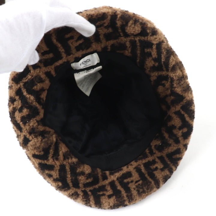 美品☆FENDI フェンディ FXQ632 裏地シルク100％ FFロゴ ズッカ柄 ムートンハット ブラウン ブラック M イタリア製 正規品 レディース