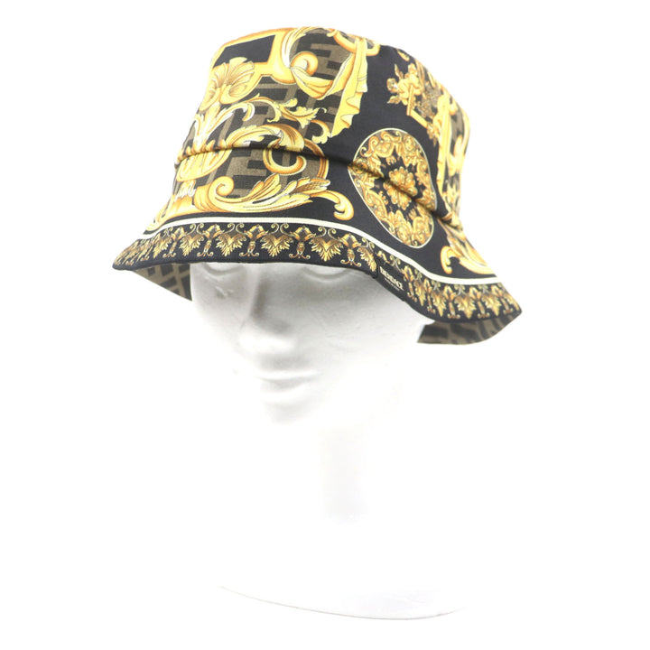 極美品▼FENDI VERSACE フェンディ ヴェルサーチ FXQ698 総柄 ズッカ柄 FFロゴ リバーシブル シルク100% 帽子 バケットハット M 正規品