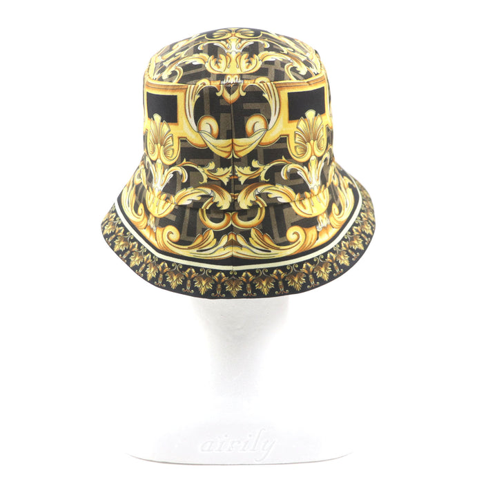 極美品▼FENDI VERSACE フェンディ ヴェルサーチ FXQ698 総柄 ズッカ柄 FFロゴ リバーシブル シルク100% 帽子 バケットハット M 正規品