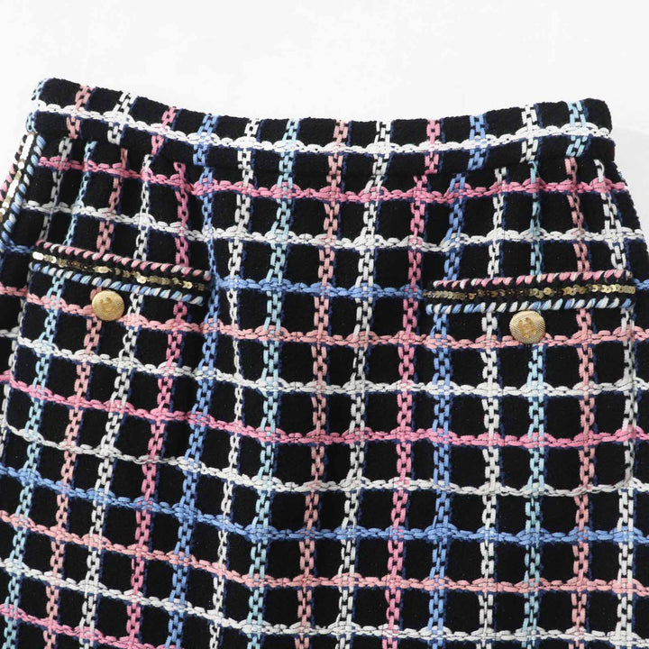 極美品◎CHANEL シャネル 22SS P72501 ランウェイ着用 ココマークボタン スパンコール 台形 ツイードスカート ブラック マルチ 38 正規品