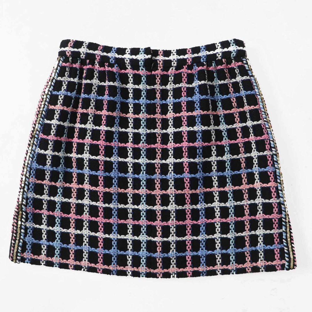 極美品◎CHANEL シャネル 22SS P72501 ランウェイ着用 ココマークボタン スパンコール 台形 ツイードスカート ブラック マルチ 38 正規品