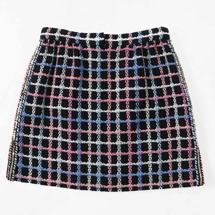 極美品◎CHANEL シャネル 22SS P72501 ランウェイ着用 ココマークボタン スパンコール 台形 ツイードスカート ブラック マルチ 38 正規品