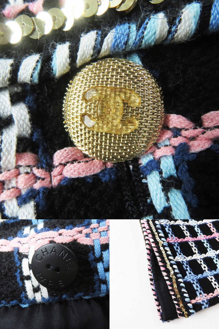 極美品◎CHANEL シャネル 22SS P72501 ランウェイ着用 ココマークボタン スパンコール 台形 ツイードスカート ブラック マルチ 38 正規品
