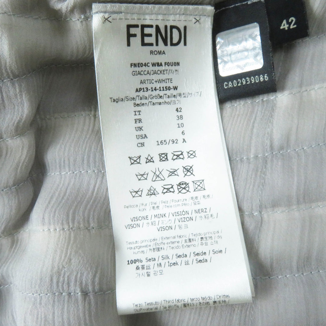 極美品◎FENDI フェンディ FNE04C ミンク シルク ストール付き ロゴボタン 2WAY ノーカラージャケット グレー ホワイト 42 伊製 正規品