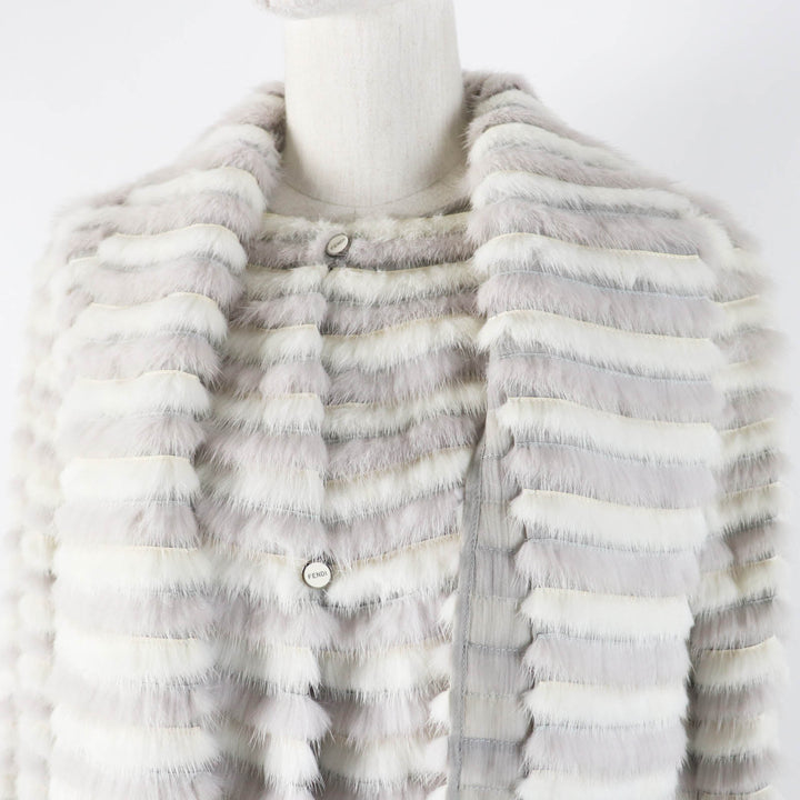 極美品◎FENDI フェンディ FNE04C ミンク シルク ストール付き ロゴボタン 2WAY ノーカラージャケット グレー ホワイト 42 伊製 正規品