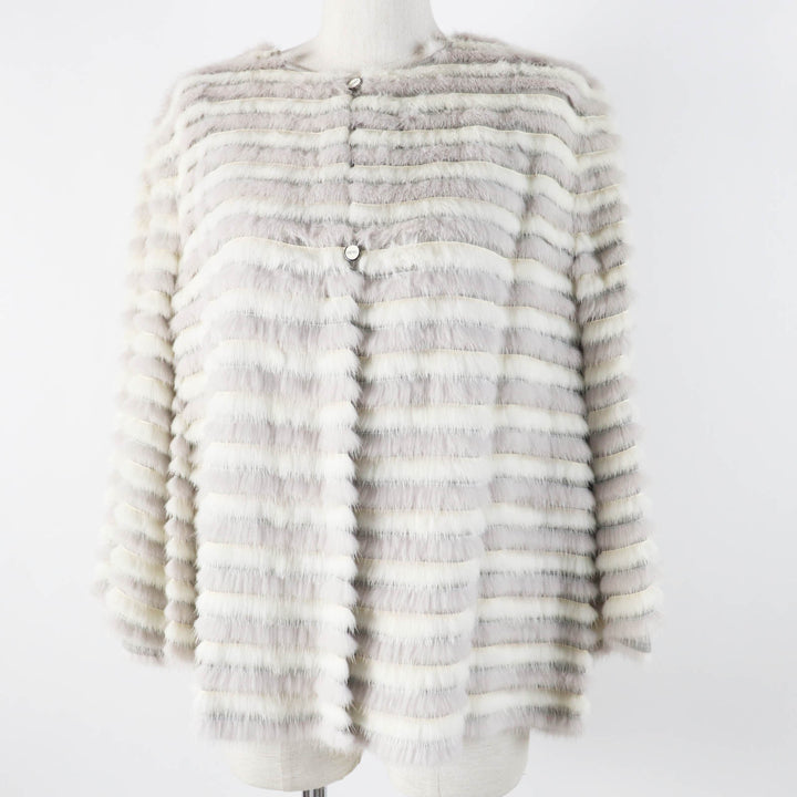 極美品◎FENDI フェンディ FNE04C ミンク シルク ストール付き ロゴボタン 2WAY ノーカラージャケット グレー ホワイト 42 伊製 正規品
