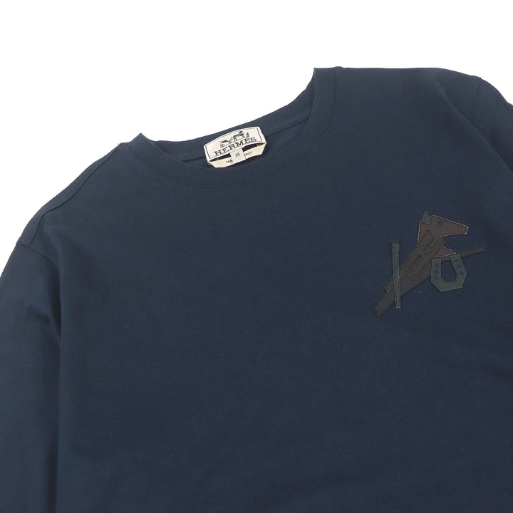 美品□HERMES エルメス 22SS パズル・エスケトル コットン 羊革 クルーネック 半袖Ｔシャツ ネイビー XS イタリア製 正規品 メンズ