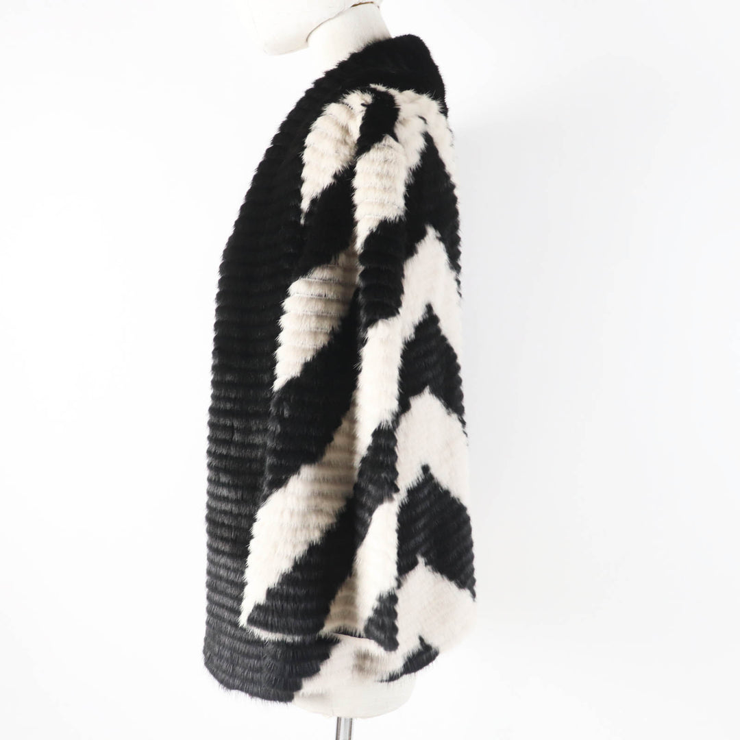 極美品◎FENDI フェンディ 2017年製 FNE04C ミンク シルク ロゴボタン ストール付き 2WAY ノーカラージャケット ブラック ベージュ 38