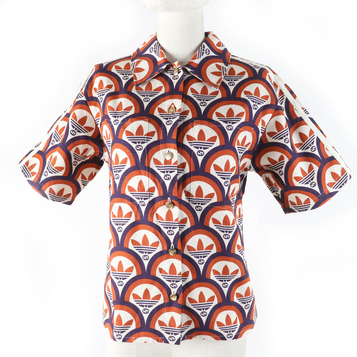 未使用品☆GUCCI×adidas グッチ×アディダス 703002 トレフォイル ロゴ総柄 半袖シャツ オレンジ系 36 イタリア製 正規品 レディース
