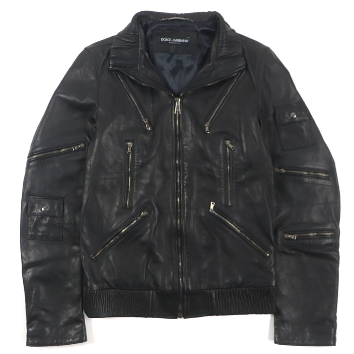 美品▼DOLCE&amp;GABBANA ドルチェ＆ガッバーナ ラムレザー 黒タグ マルチポケット ZIPUP ブルゾン ライダースジャケット 44 正規品 メンズ
