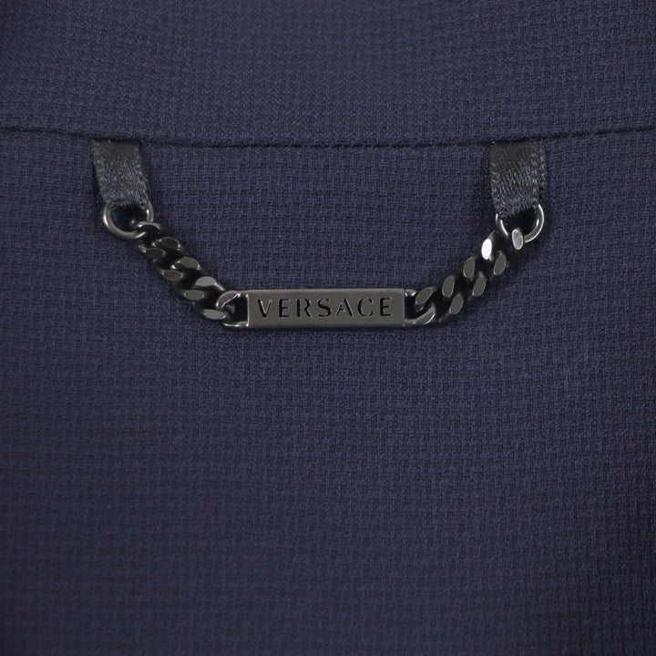 極美品▼VERSACE ヴェルサーチ 2017年製 ウール70% 比翼仕立て ロゴ入りボタン 薄手 ステンカラーコート ネイビー 54 イタリア製 メンズ