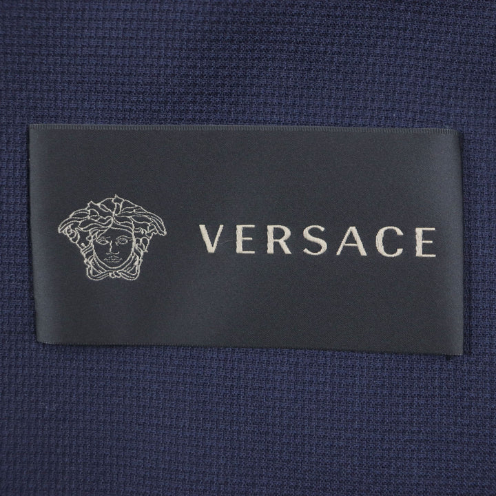 極美品▼VERSACE ヴェルサーチ 2017年製 ウール70% 比翼仕立て ロゴ入りボタン 薄手 ステンカラーコート ネイビー 54 イタリア製 メンズ