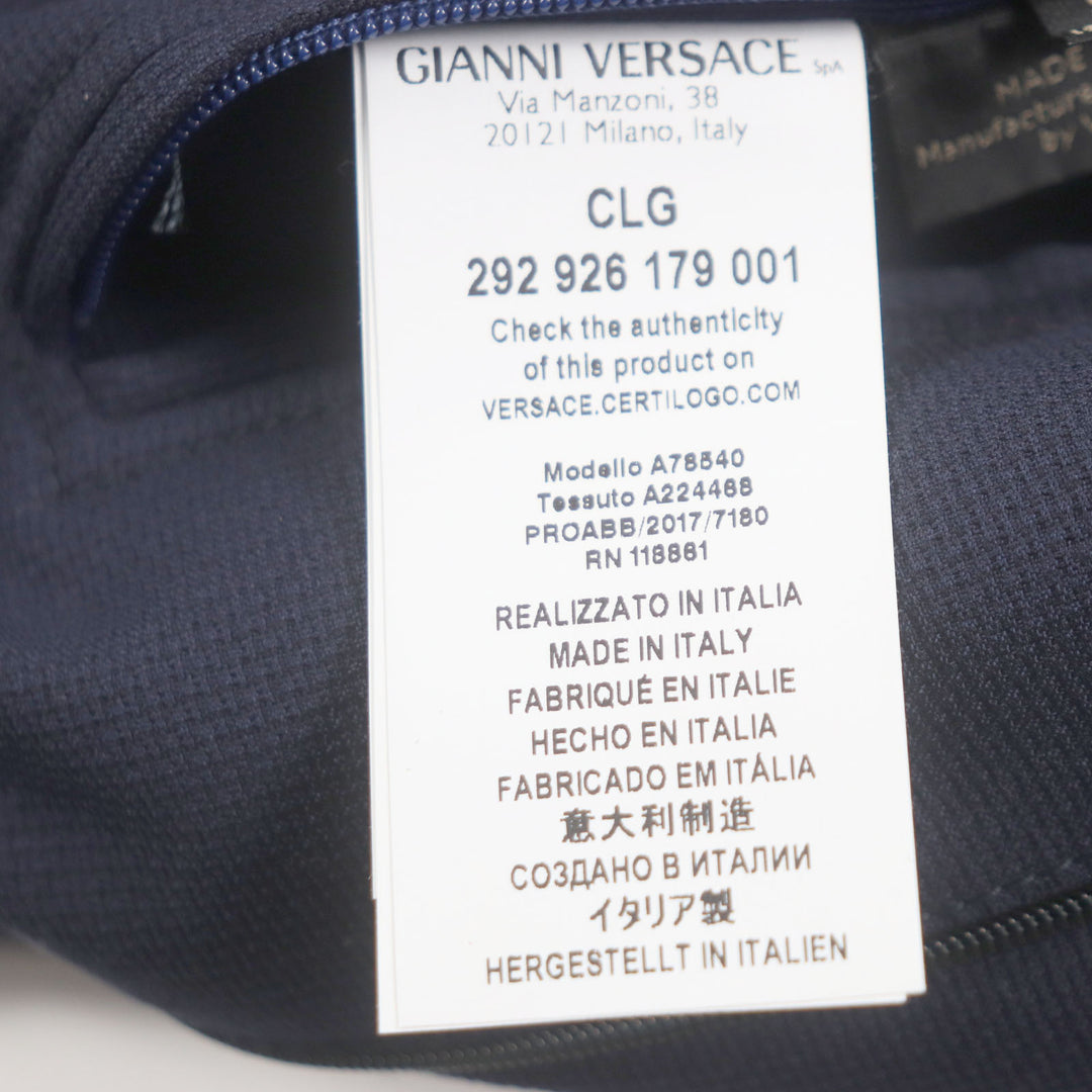 極美品▼VERSACE ヴェルサーチ 2017年製 ウール70% 比翼仕立て ロゴ入りボタン 薄手 ステンカラーコート ネイビー 54 イタリア製 メンズ