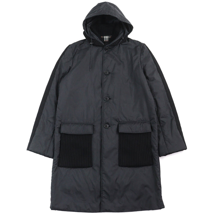 美品△BURBERRY BLACK LABEL バーバリーブラックレーベル 裏地チェック柄 ニット使い 中綿入り フーデッド ロング コート 黒 L 正規品