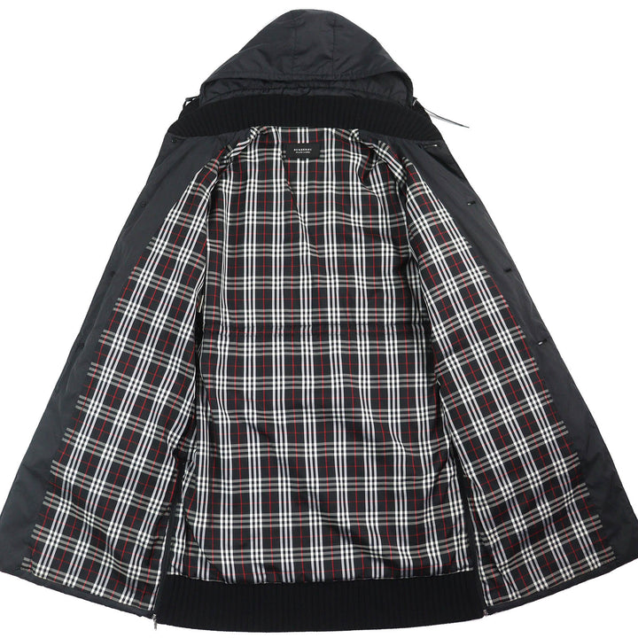 美品△BURBERRY BLACK LABEL バーバリーブラックレーベル 裏地チェック柄 ニット使い 中綿入り フーデッド ロング コート 黒 L 正規品