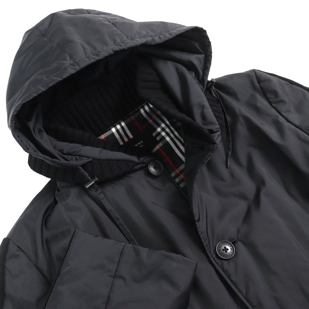 美品△BURBERRY BLACK LABEL バーバリーブラックレーベル 裏地チェック柄 ニット使い 中綿入り フーデッド ロング コート 黒 L 正規品