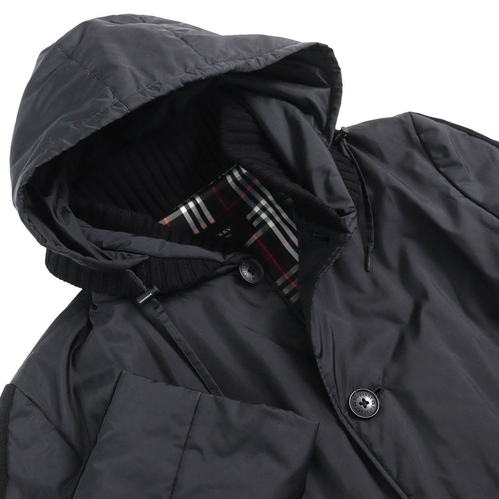 美品△BURBERRY BLACK LABEL バーバリーブラックレーベル 裏地チェック柄 ニット使い 中綿入り フーデッド ロング コート 黒 L 正規品