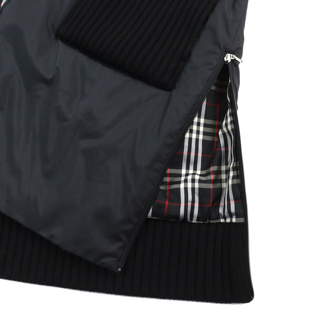 美品△BURBERRY BLACK LABEL バーバリーブラックレーベル 裏地チェック柄 ニット使い 中綿入り フーデッド ロング コート 黒 L 正規品