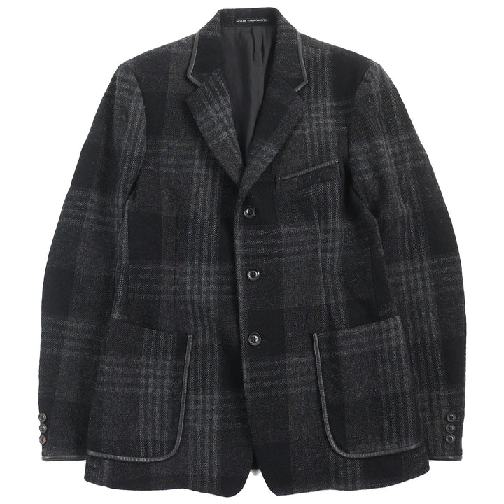 美品△Y’s for men ワイズフォーメン ヨウジヤマモト MO-J12-105 レザートリミング チェック柄 ツイード テーラードジャケット 3 正規品