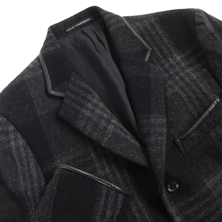 美品△Y’s for men ワイズフォーメン ヨウジヤマモト MO-J12-105 レザートリミング チェック柄 ツイード テーラードジャケット 3 正規品