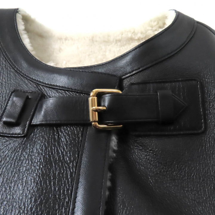 極美品★LOUIS VUITTON ルイヴィトン 羊革 リバーシブル ベルトデザイン ノーカラー ムートンコート ブラック/ホワイト 36 正規品