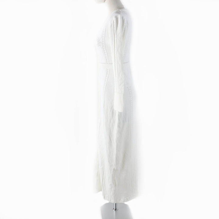 未使用品★Marine Serre WHITE LINE マリーンセルホワイトライン シェルボタン付 Vネック 長袖 超ロング丈 ニットワンピース ホワイト S