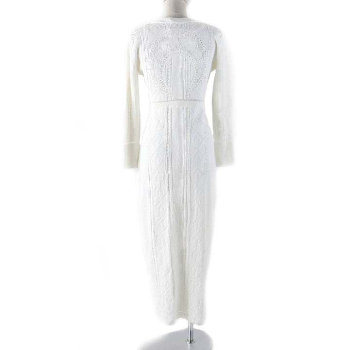 未使用品★Marine Serre WHITE LINE マリーンセルホワイトライン シェルボタン付 Vネック 長袖 超ロング丈 ニットワンピース ホワイト S