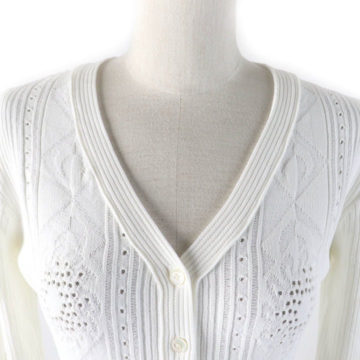 未使用品★Marine Serre WHITE LINE マリーンセルホワイトライン シェルボタン付 Vネック 長袖 超ロング丈 ニットワンピース ホワイト S