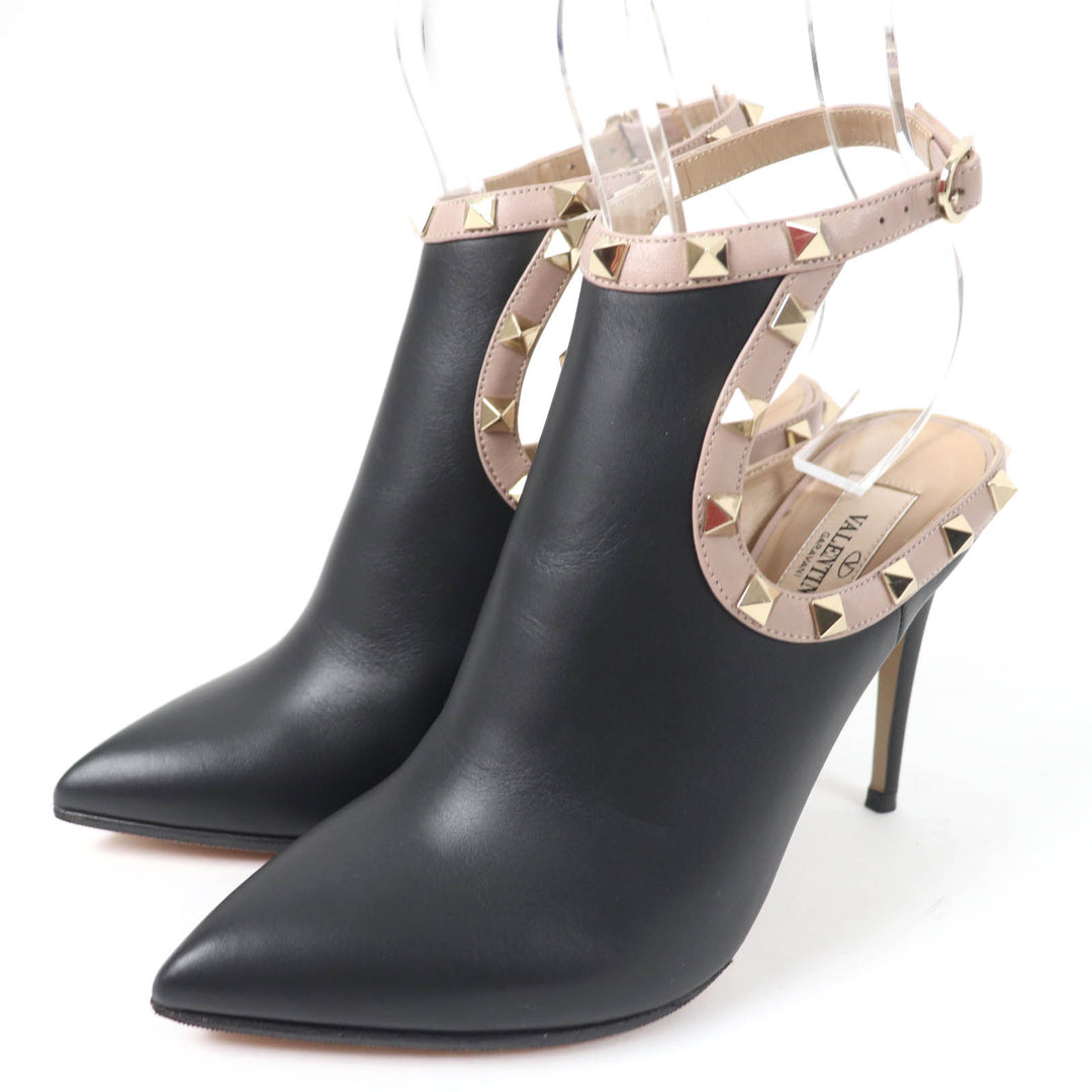 美品☆Valentino Garavani ヴァレンティノガラヴァーニ ロックスタッズ アンクルストラップ パンプス レザー ブーティ 黒 35 レディース