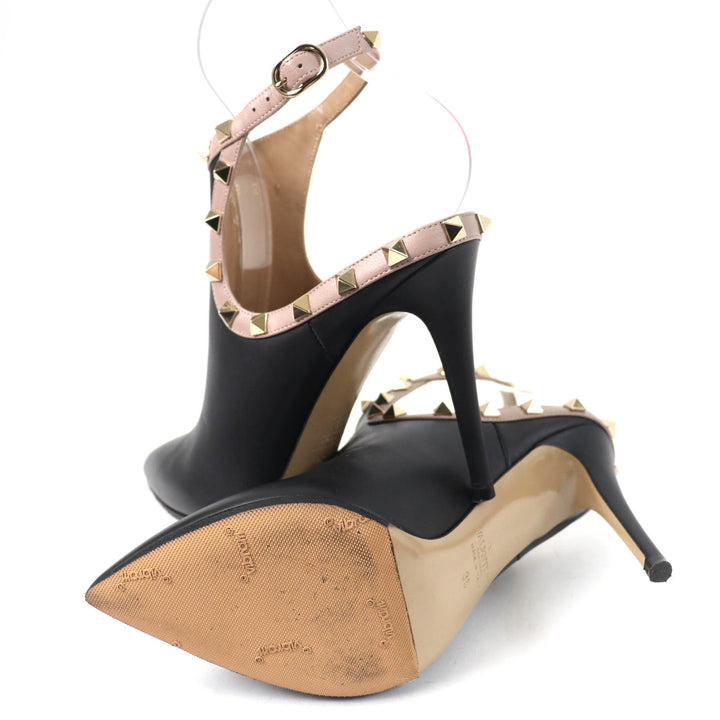 美品☆Valentino Garavani ヴァレンティノガラヴァーニ ロックスタッズ アンクルストラップ パンプス レザー ブーティ 黒 35 レディース
