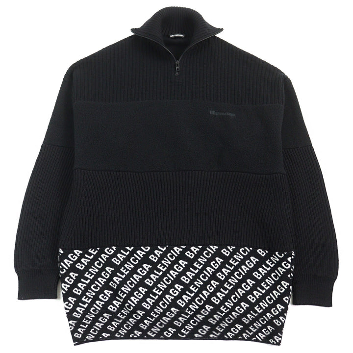 美品○BALENCIAGA バレンシアガ 20AW 641734 ロゴ総柄切替 オーバーサイズ ハーフジップ ニット ブラック系 XS イタリア製 正規品 メンズ