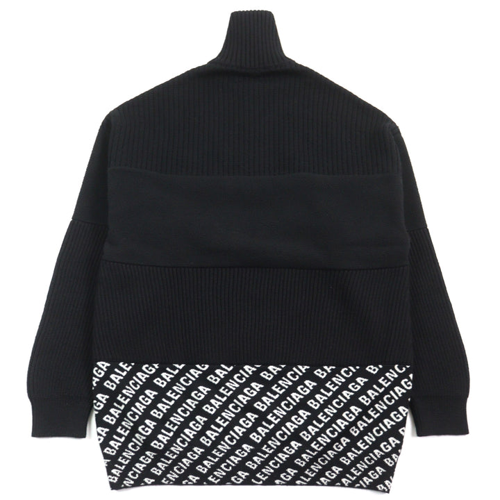 美品○BALENCIAGA バレンシアガ 20AW 641734 ロゴ総柄切替 オーバーサイズ ハーフジップ ニット ブラック系 XS イタリア製 正規品 メンズ
